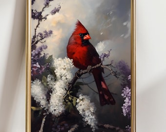 Red Cardinal Wall Art, Bird Painting Print, Spring Floral Nature Decor