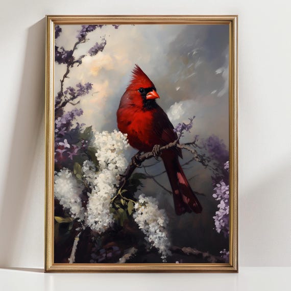 Red Cardinal Wall Art, Bird Painting Print, Spring Floral Nature Decor