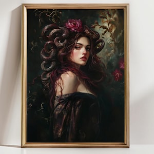 Medusa Portrait Art Print, Dark Mythology Wall Decor, Snake Hair Goddess Painting, Gothic Fantasy Woman, Feminine Power Artwork