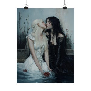 Dark and Light Gothic Romance Art – Lesbian Couple Print, Fantasy Love Painting, Witches in Water wlw Decor Bild 7