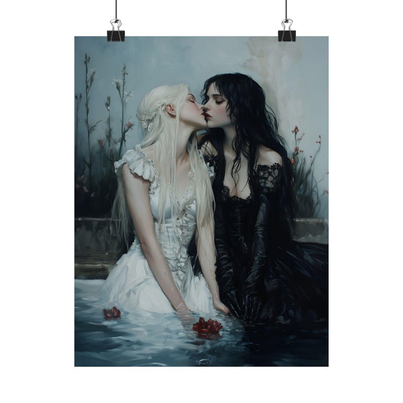 Dark and Light Gothic Romance Art – Lesbian Couple Print, Fantasy Love Painting, Witches in Water wlw Decor Bild 7
