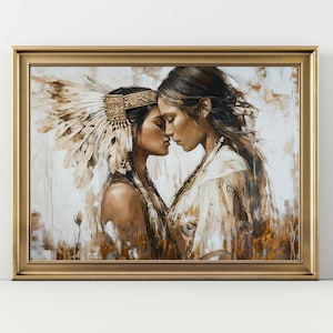May include: A painting of two women with long dark hair, one wearing a feathered headdress, looking at each other with their foreheads touching. The background is a soft white with hints of gold and brown.