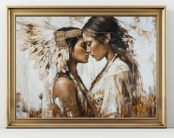 Lesbian Couple Art Print, WLW Romantic Wall Art, Native Inspired Portrait Painting, Queer Love Decor, Intimate Women Artwork