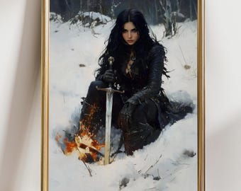 Dark Fantasy Warrior Woman Wall Art Print,, Dark Academia Wall Decor, Medieval Fantasy Wall Art, Woman Knight Poster