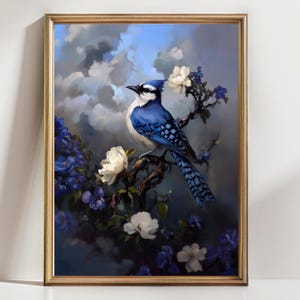Blue Jay Wall Art – Elegant Bird Painting with Indigo Flowers, Nature-Inspired Decor, Botanical Wildlife Artwork Print