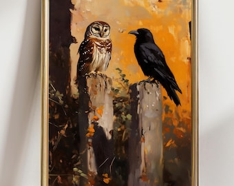 Owl and Raven Oil Painting Print | Dark Academia Bird Art | Vintage Woodland Wall Decor