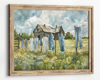 Laundry on a line Matte Horizontal Posters Laundry Room Art Vintage Cottagecore Garden Painting Print farmhouse wall decor country art print