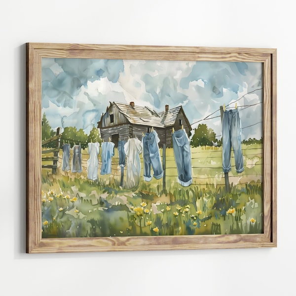 Laundry on a line Matte Horizontal Posters Laundry Room Art Vintage Cottagecore Garden Painting Print farmhouse wall decor country art print