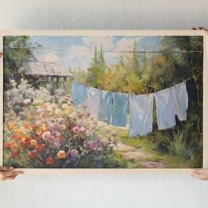 Laundry on a line Matte Horizontal Posters Laundry Room Art Vintage Cottagecore Garden Painting Print farmhouse wall decor country art print image 5