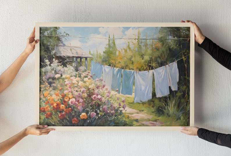 Laundry on a line Matte Horizontal Posters Laundry Room Art Vintage Cottagecore Garden Painting Print farmhouse wall decor country art print image 5