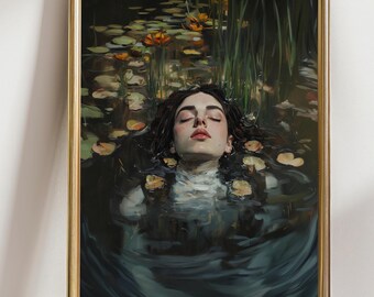 Ophelia Wall Art Dark Moody Woman Floating in Water, Gothic Botanical Pond Decor, Romantic Feminine Art Print, Vintage Style Wall Decor