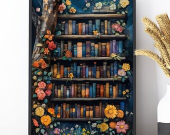 Dark Academia Bookshelf Print: Moody Flowers, Vintage Gothic Art