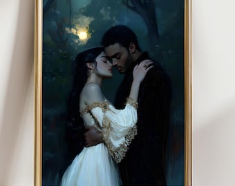 May include: A framed art print depicts a romantic scene of a couple embracing in a moonlit forest. The woman wears a white dress with gold trim, while the man is in a dark coat. The artwork has a soft, painterly style with a focus on the couple's intimate moment.