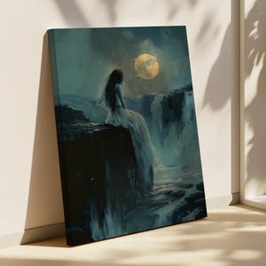 Moonlit Waterfall Woman Art Print – Dreamy Dark Fantasy Canvas Wall Art, Surreal Landscape Painting, Mystical Night Decor