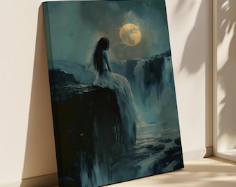 Moonlit Waterfall Woman Art Print – Dreamy Dark Fantasy Canvas Wall Art, Surreal Landscape Painting, Mystical Night Decor