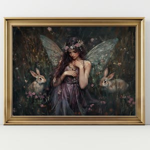 May include: A painting of a fairy with delicate wings and a flower crown, standing in a forest setting with two rabbits. The fairy is wearing a purple dress and has long brown hair. The background is a dark green with pink flowers.