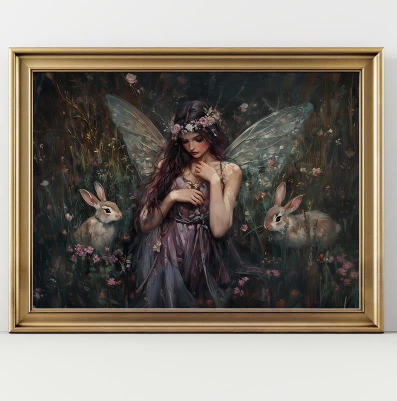 May include: A painting of a fairy with delicate wings and a flower crown, standing in a forest setting with two rabbits. The fairy is wearing a purple dress and has long brown hair. The background is a dark green with pink flowers.