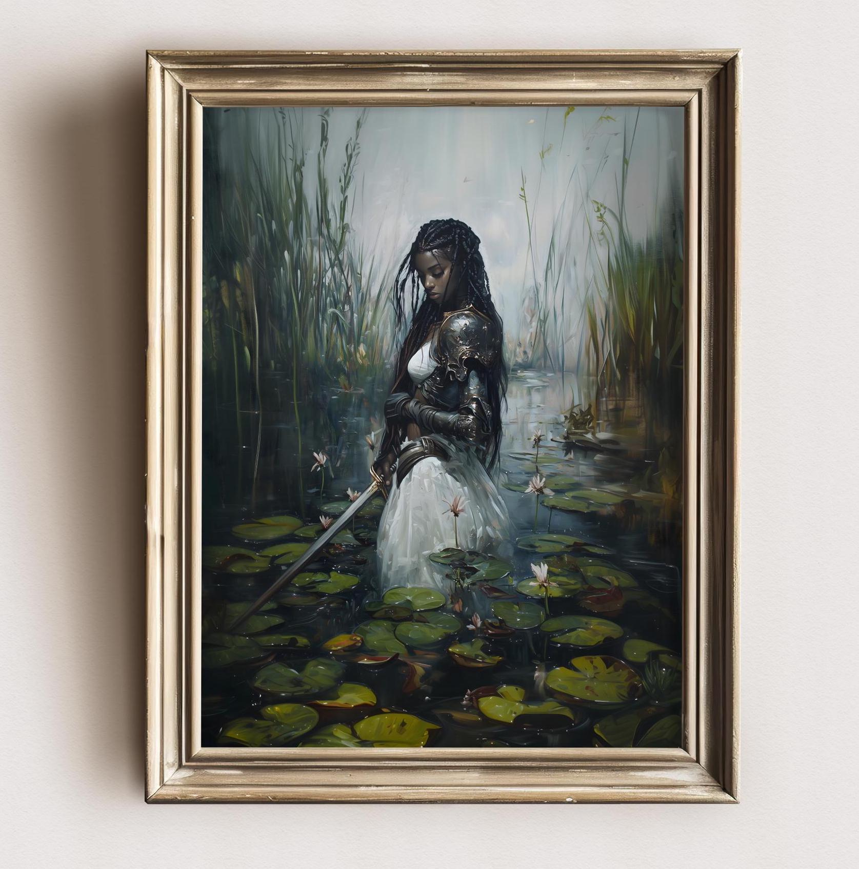 Black Lady Knight in the Lake Art Print | Dark Academia Wall Decor | Medieval Fantasy Poster | Black Woman Warrior Art | Renaissance Knight