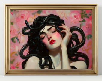 May include: Framed art print featuring a portrait of a woman with long black hair intertwined with snakes. She has closed eyes, red lips, and rosy cheeks, set against a pink floral background. The artwork is in a gold frame.