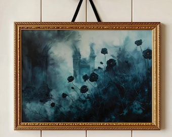 Gothic Black Rose Art Print, Dark Floral Fantasy, Haunted Garden