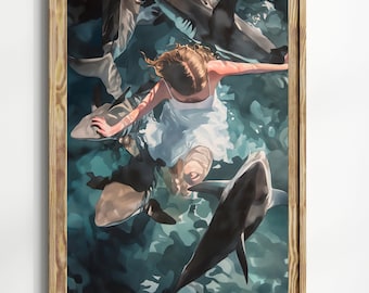 May include: A young person wearing a white dress is surrounded by sharks in a turquoise blue ocean. The person's arms are outstretched and they appear to be calm and serene.