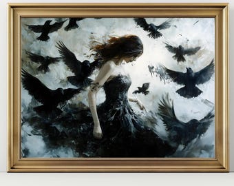 Dark Gothic Raven Woman Art Print – Crow Fantasy Wall Art, Witchy Dark Aesthetic, Mysterious Feminine Decor