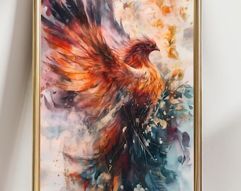 Fiery Phoenix Rising Wall Art Print | Mythical Bird Fantasy Artwork | Vibrant Fire Element Decor | Mystical Mythology Home Gift
