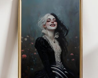 Gothic Clown Girl Wall Art, Whimsical Dark Smile Print, Fantasy Portrait Poster