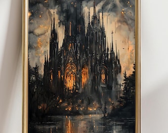 May include: A framed watercolor painting depicts a gothic cathedral at night. The artwork features a dark color palette with shades of black, gray, and gold. The cathedral is reflected in the water below, with trees on either side.