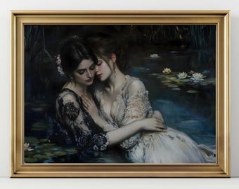 Romantic Lesbian Wall Art | Sapphic Lovers Print | Gothic Fairycore Painting | Dreamy Dark Cottagecore Home Decor | Intimate Couple wlw