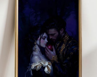 May include: A framed art print depicting a romantic scene. A man and woman are embracing, with the woman holding a red apple. The artwork features a dark, moody color palette with gold accents, creating a dramatic and intimate feel.
