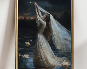 Romantic Woman Reaching for Crescent Moon Art – Ethereal Water Lily Night Scene, Dreamy Feminine Fantasy Wall Print