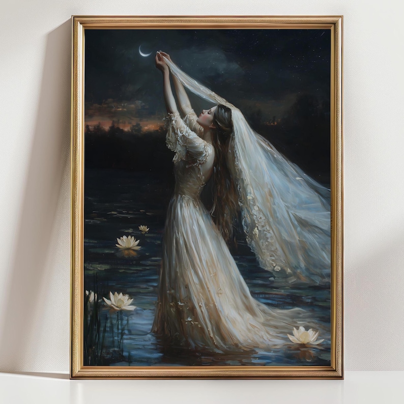 Romantic Woman Reaching for Crescent Moon Art – Ethereal Water Lily Night Scene, Dreamy Feminine Fantasy Wall Print image 1
