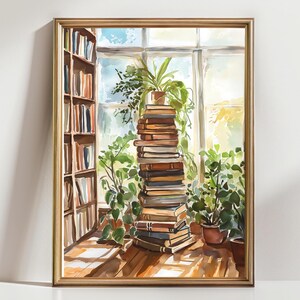 Books and Plants Library art Print,  Greenhouse Library Reading , Book Lovers Gift, aquarell Wall Art, Book Lovers Art,  Gift Idea
