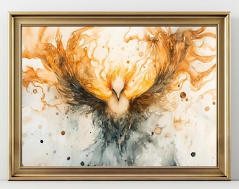Phoenix Rising Wall Art, Mythical Fire Bird Print, Dark Fantasy Celestial Poster