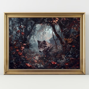 Mystical Wolf Art Print Enchanted Forest Wall Art, Fantasy Woodland Wolf Poster, Dark Fairycore Animal Decor, Witchy Nature Artwork