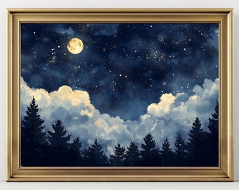 Full Moon Wall Art Print: Dark Academia Night Sky - Blue and Gold