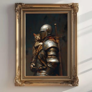 Medieval Knight with a cat Art Print, Knightcore Art, vintage Painting Fantasy Maximalist Decor, Dark Academia Goth Moody Victorian Wall Art image 2