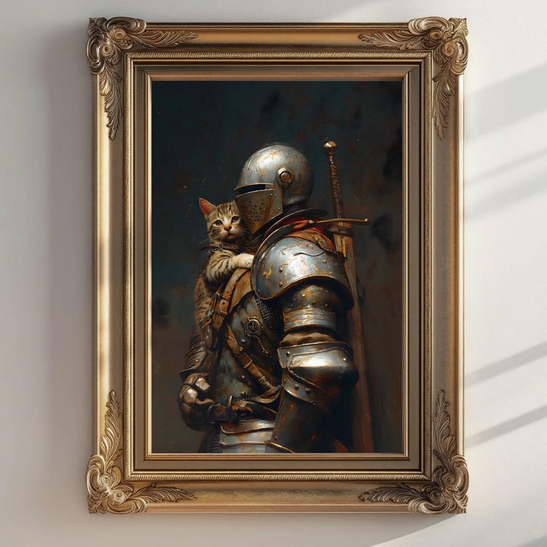Medieval Knight with a cat Art Print, Knightcore Art, vintage Painting Fantasy Maximalist Decor, Dark Academia Goth Moody Victorian Wall Art image 2