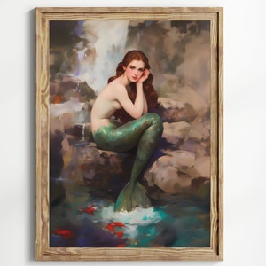 Mermaid Wall Art Print, Fantasy Ocean Artwork, Enchanted Mermaid Sitting on Rocks, Mythical Sea Creature Fairytale Poster