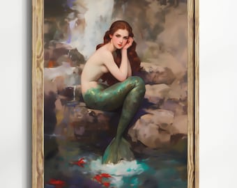 Mermaid Wall Art Print, Fantasy Ocean Artwork, Enchanted Mermaid Sitting on Rocks, Mythical Sea Creature Fairytale Poster