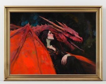 Woman and Red Dragon Art Print, Dark Fantasy Wall Art, Dragon Rider Decor, Mythical Creature Print, Bold Fantasy Bedroom Wall Art