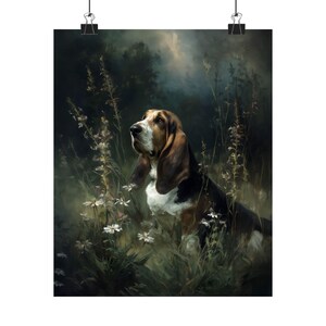 Basset Hound Wall Art, Dark Floral Dog Print, Moody Pet Portrait Poster bild 6