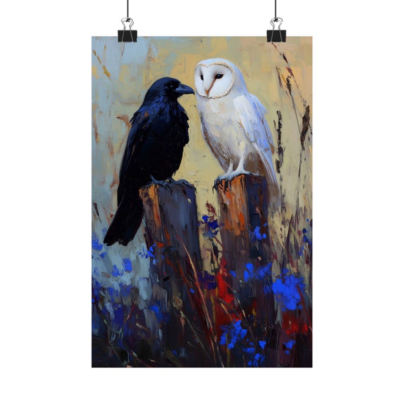 Raven and Owl Art Print, Gothic Bird Wall Decor, Dark Forest Animal ...