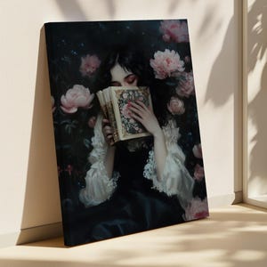 Dark Cottagecore Girl Reading Canvas – Moody Floral Art Print, Whimsical Book Aesthetic, Dreamy Fantasy Wall Decor