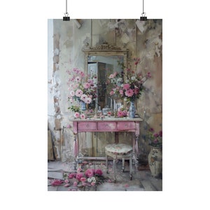 Vintage Pink Vanity Floral Print, Shabby Chic Bedroom Wall Art, Romantic Dressing Table Poster Bild 6
