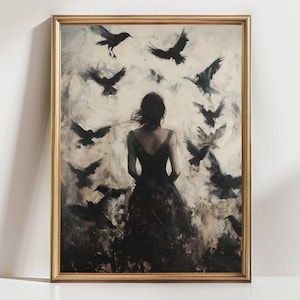 May include: Original framed artwork showing a woman in a black dress, viewed from behind, with black birds flying around her. The painting is in a gold frame, with a neutral palette and a textured, painterly style.