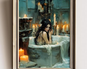 Gothic Witch Candlelit Bath Art Print, Dark Bathroom Decor, Witchy Woman Painting, Moody Gothic Wall Art, Dark Fantasy Print