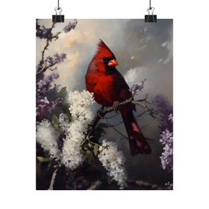 Red Cardinal Wall Art, Bird Painting Print, Spring Floral Nature Decor image 2
