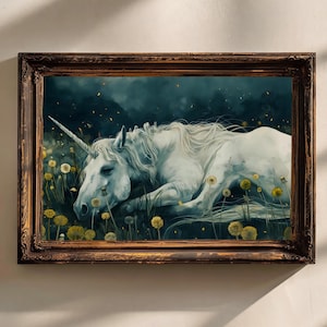 Sleeping Unicorn Moody Print Dark Academia Painting Victorian  Print Dark Cottagecore Home Decor, Vintage Fantasy Dark Fairycore Unicorn art